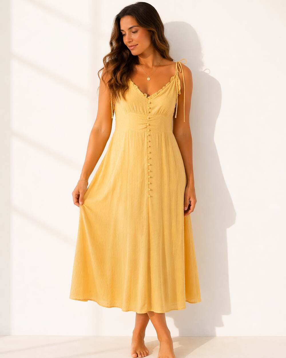 Butter Yellow Ruffle  Midi Dress Button Front Boho Summer Sundress Size L